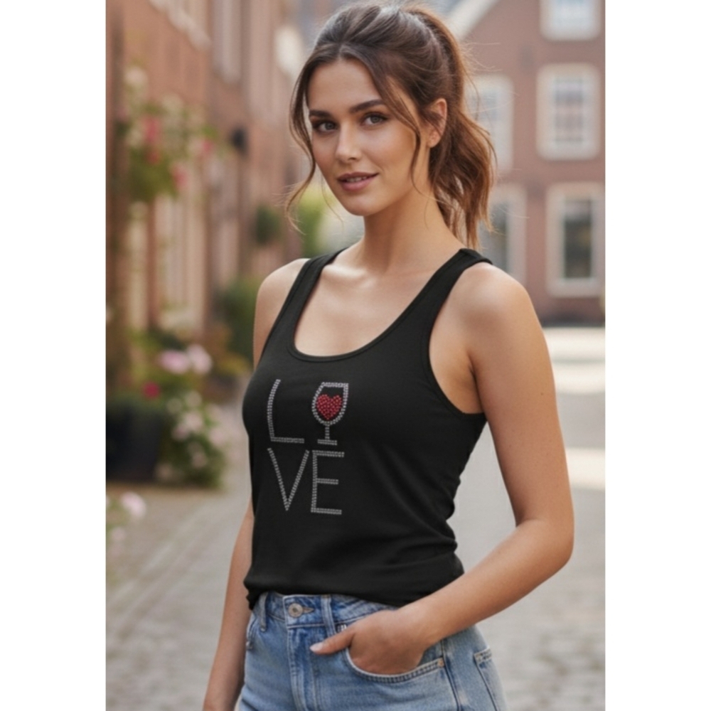 LOVE Wine Glass Rhinestone Embellished Tank Top